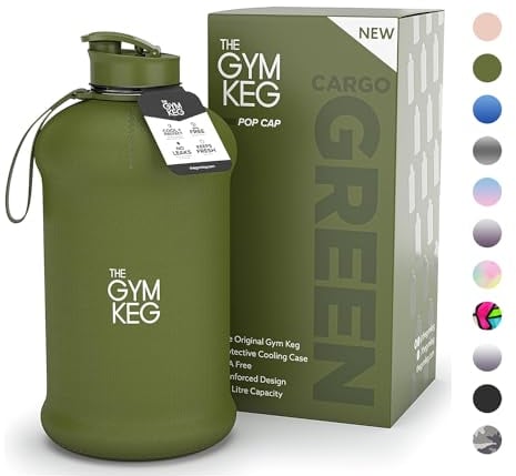 The Gym Keg 2.2 Litre Water Bottle - Large Gym Bottle with Insulated Sleeve and Carry Handle - Sports Bottle for Hydration, Fitness and Outdoor Training - Cargo Green