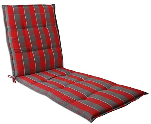 OUTLIV. Auflage für Sonnenliege Florence, 100% Polyester, bequem, extra Dicke Polsterung, mit verstellbarem Rückenhalteband, 190x60x6cm, Rot/Grau Karo,