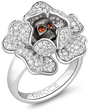 GNOCE Halloween Totenkopf Rose Ring Weiße Steine Blume mit schwarzem Schädel Staubblatt Ring 925 Sterling Silber Du bist meine Welt Bestes Geschenk für Sie (Silber, 52 (16.6))