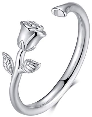 Qings Rose Ringe für Damen Sterling Silber 925 Blumen Bohemia Verstellbaren Offener Ring Geburtstag Valentinstag Weihnachten Schmuck Geschenke für Mädchen Freundinnen