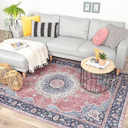 FRAAI | Home & Living Teppich Vintage - Lily Medaillon Rot Rosa - Baumwolle, Polyester - Flachgewebe - Vintage - Wohnzimmer, Esszimmer, Schlafzimmer - Carpet