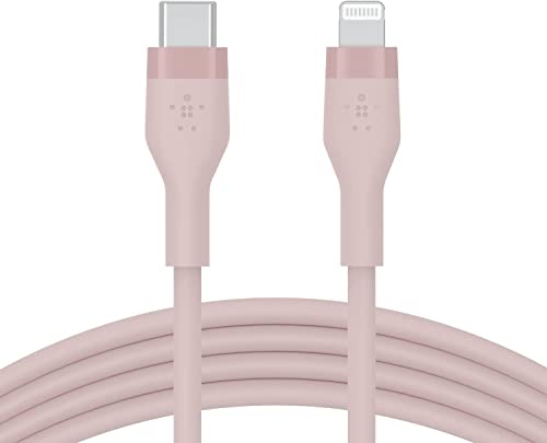 Belkin BoostCharge Flex Silikon-USB-C/Lightning-Kabel, 2 m, MFi-zertifiziert, 20 W, zum Schnellladen mit PD Power Delivery für iPhone 14/14 Plus, 13, 12, Pro, Max, mini, SE und andere Geräte – Rosa