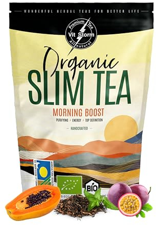 SLIM TEA Morning Boost | Thé Detox, Draineur & Diurétique | Boisson Energisante | Tisane Anti Ballonnements et Ventre Gonflé | Thé Vert, Maté, Moringa, Guarana, Pissenlit, Gingembre, Cardamome | 100g