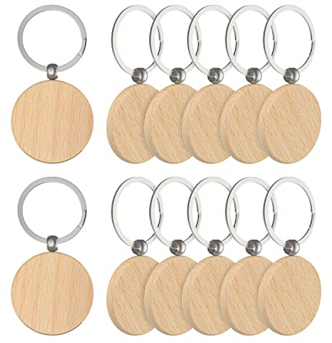 efuturetime 12PCS Schlüsselanhänger Holz Blanko, Rund, Wooden Keychain Schlüsselring, Beschriftbar Schlüsselanhänger Rohlinge Holz für DIY, Malerei, Dekoration, Geschenke