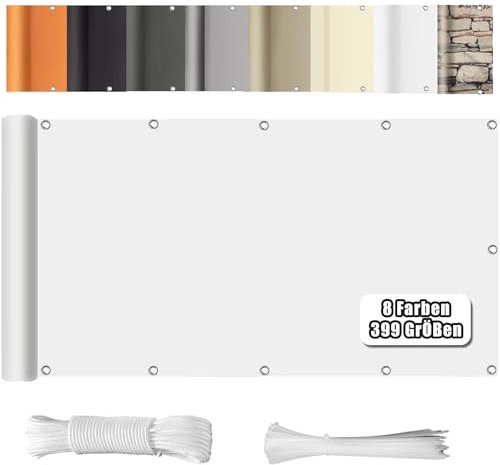 WEALSFUN Balkonabdeckung (390Größen & 8 Farben) Balkonverkleidung Ohne Bohren blickdichte Wind UV-Schutz mit Ösen Kabelbinder Kordel,75X650CM Weiß
