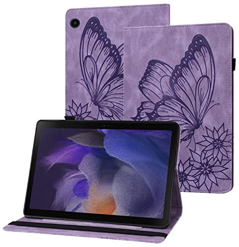 Rostsant Coque Samsung Tab A8 10.5 Papillon en Relief Etui en Cuir PU Portefeuille Porte-Stylo Tablette Housse de Protection pour Samsung Glaxy Tab A8 10.5 Pouces 2021 SM-X200 / SM-X205 - Violet