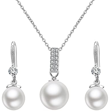 Schmuck Set 3Tlg Silber 925 Damen, Hook Ohrringe Hängend mit Perle-Anhänger Halskette Silber Kette Schmuck-Set Geschenke für Frauen Valentinstag
