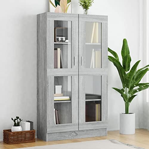 Keketa Vitrinenschrank Bücherschrank Aktenschrank Vitrine Schrank Büroschrank Standvitrine mit 4 Fächern Bücherregal Schrank für Wohnzimmer Büro Grau Sonoma 82,5x30,5x150 cm