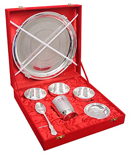 Devyom HANDICRAFT Indian dinnerware brass traditional dinner set of thali plate, bowls, glass and spoon beautifully handcrafted tableware for gift (Dinnerware-Set10)