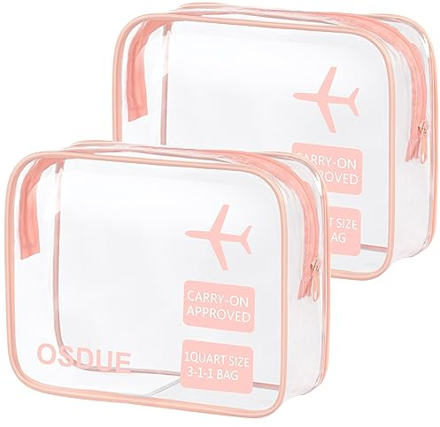 OSDUE Trousse de Toilette Transparente, 2 Pièces Kit Voyage Avion, PVC Étanche Trousse de Toilette Voyage pour Homme et Femme, Sac de Rangment pour Voyage Avion Transparente Maquillage, Rose