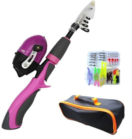 DAZZLEEX Ensemble canne à pêche pour enfants, canne à pêche et moulinet, canne à pêche télescopique portable pour enfants (rose)