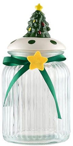 KFZR Christmas Candy Jar Glass Cookie Storage Containers with Novelty Ceramic Lid (Christmas tree)