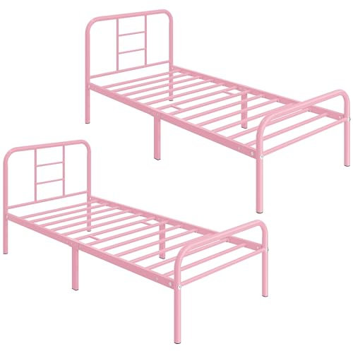 Yaheetech Set di 2 Struttura Letto Singolo Testiera in Ferro Battuto in Metallo Angoli Arrotondati con Rete a Doghe 90 x 200 cm Rosa