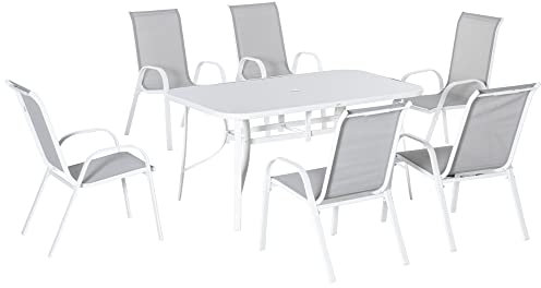 Outsunny Conjunto de Muebles de Jardín de 7 Piezas Juego de Mesa y 6 Sillas para Terraza con Orificio para Sombrilla y Encimera de Cristal para Terraza Patio Gris