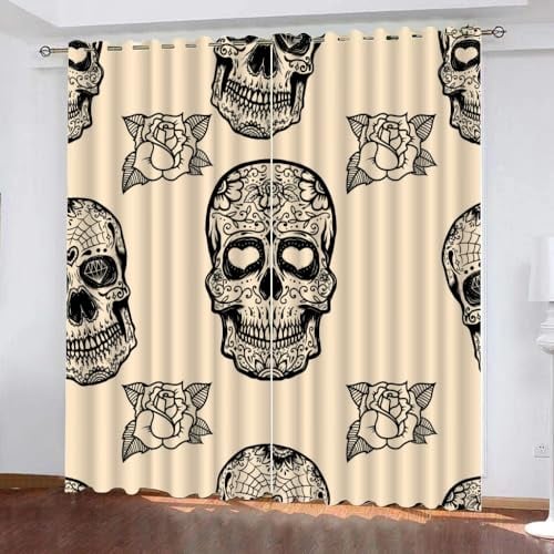 GIOVIA 3D Boho Totenkopf Vorhänge Abdunkelnde mit ösen 2 Stücks Gardinen Blickdicht Verdunkelungs Schädel Kälteschutz Scheibengardinen für Junge Mädchen Schlafzimmer B 280 X H 260 cm
