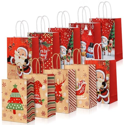 BBLIKE Geschenktüten Weihnachten - 10 Stück Weihnachtstüten mit Henkel Muster des Weihnachtsbaum und Elch, Weihnachten Papiertüten für Weihnachts geschenk, Weihnachtssüßigkeiten, Weihnachtsfeier