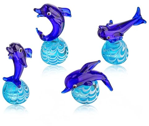 QFkris Set mit 4 geblasenen Delfin-Figuren aus Glas, Miniatur-Meerestiere, Sammlerstücke, handgefertigte Weihnachtsdelfin-Figur für Heimdekoration, Geschenke