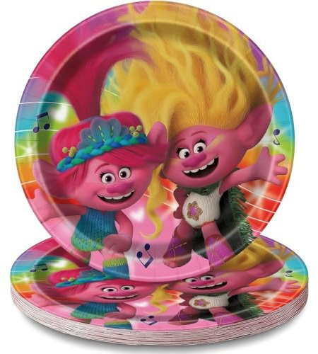 Unique Multicolor Trolls Round Paper Dinner Plates - 9 (Pack of 8) - Vibrant Trolls Character Design, Ideal for Kids' Birthday Parties, and Themed Celebrations