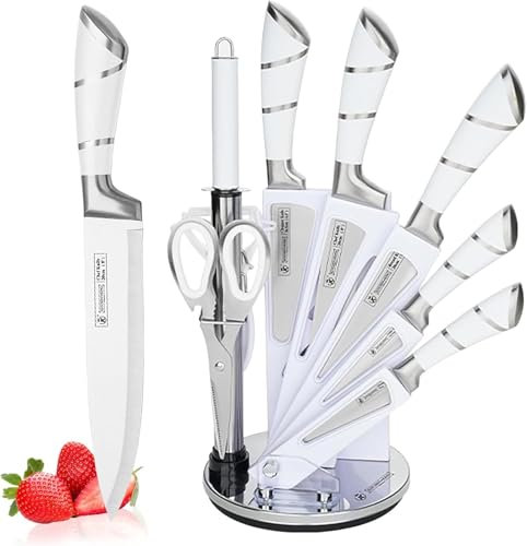 9-tlg Messerset mit Drehbare Acryl Messerblock, Rosa Sharp Antihaft Beschichtete Kochmesser Block Set,Edelstahl Messer Set für Küche mit Schärfer zum Schneiden Schneiden Würfeln Hacken (Weiß)
