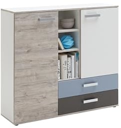 möbelando Kommode >Nona 4< in Sandeiche Dekor-weiß-Lava-Denim - 116,9x105x33cm (BxHxT)