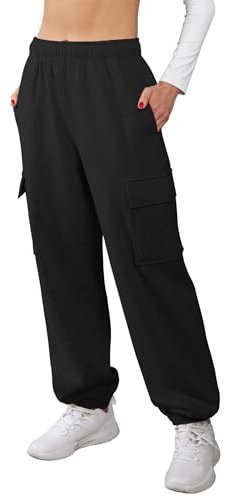 Glacspyg Damen Hose Lang Sporthose Fitness High Waist mit Elastischem Bund und Taschen Freizeithose Enges Bein Schwarz XS