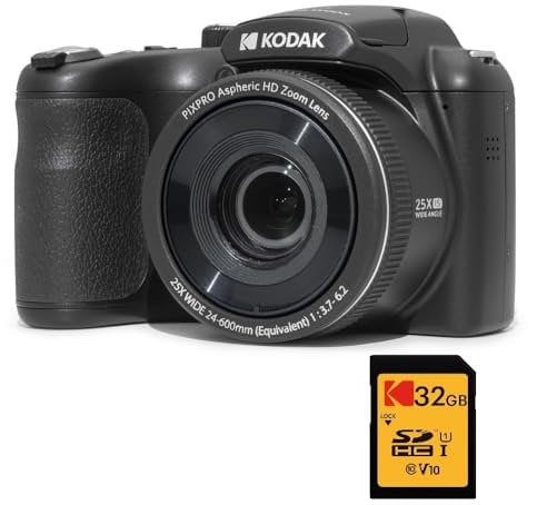 KODAK Pixpro Astro Zoom AZ255 + SD Memory Card 32 GB – 16 MP Digital Bridge Camera, 25X Zoom, 1080p HD Video, 24 mm Wide Angle, 3 LCD Screen, AA Battery – Black