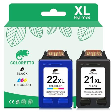 COLORETTO Ersatz-Tintenpatrone(1 Schwarz,1 Farbe) für Wiederaufbereitete Druckerpatronen für HP 21XL 22XL 21 22 XL zur Verwendung mit Officejet 4315 PSC 1410 Deskjet 3940 D1530 F2280 D2360 D2460