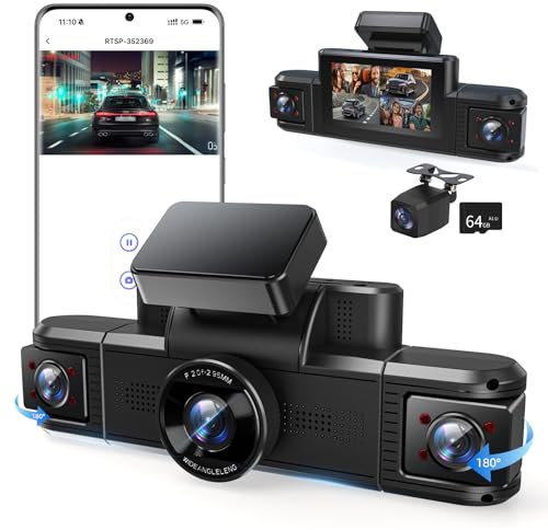 Dash Cam Front and Rear 4 Channel, Dashcam Front and Rear 2K Built-in 5G Wi-Fi and Night Vision with IR Lights, Car Camera Dash Cam with 3 IPS Screen with 64GB Card Loop Recording Parking Monitor