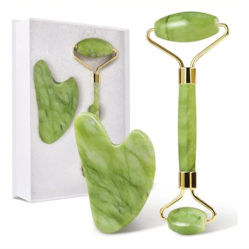 CATOR 2 Stück Roller und Gua Sha Stein, Gesichtsroller Natural Jade Roller for Facial Massage, Gesichtsroller, Massagegerät, Gua Sha Beruhigt und Entspannt Die Haut
