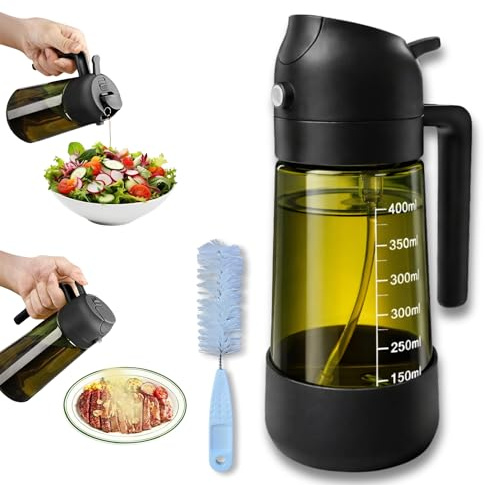 TASTFI -Pulverizador Aceite Spray, Aceitera,2 en 1 Spray Aceite Cocina,Vidrio Verde Anti UV con Funda de Silicona, Dispensador Aceite para Freidora de Aire, Ensaladas y Barbacoa