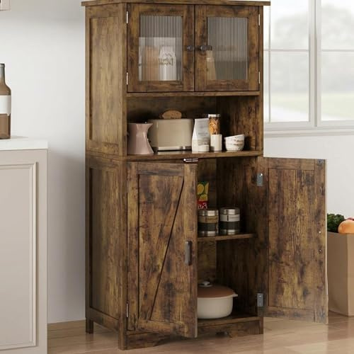 GarveeMore Mueble de Entrada Multifuncional, Gran Almacenamiento, Estilo Moderno, Madera Maciza con Puerta de Cristal, para Salón, Cocina, Baño, Color Vintage