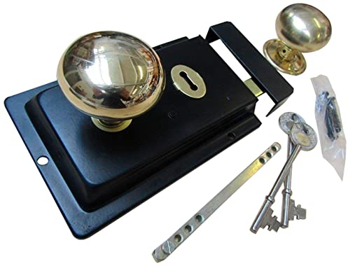 Ironmongery World®Traditional Old Victorian Style Rim Door Lock Knob Handle Set in 4 Finishes - Black & Brass