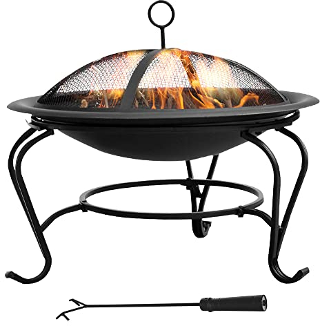 Outsunny Metal Firepit Bowl Outdoor Round Fire Pit w/Lid, Log Grate, Poker for Backyard, Camping, BBQ, Bonfire, Wood Burning Stove, 56 x 56 x 45cm, Black