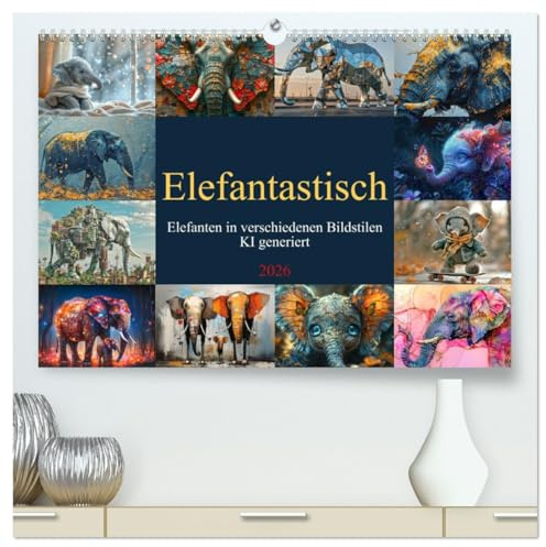Elefantastisch (hochwertiger Premium Wandkalender 2026 DIN A2 quer), Kunstdruck in Hochglanz: Elefanten in verschiedenen Bildstilen - KI generiert (CALVENDO Tiere)