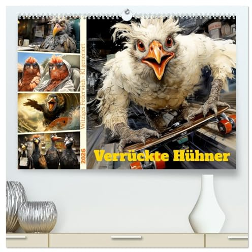 Verrückte Hühner (hochwertiger Premium Wandkalender 2026 DIN A2 quer), Kunstdruck in Hochglanz: Witziges Federvieh in bunten Illustrationen - KI generiert (CALVENDO Spass)