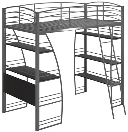 DHP Studio Loft Bunk Bed Over Desk and Bookcase with Metal Frame, Twin, Gray