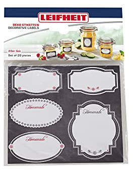 Leifheit Étiquettes décoratives noir et blanc, 20 étiquettes autocollantes, 2 formats pour petits et grands pots à confiture, pour écrire dessus, autocollants décoratifs pour maison et conserves
