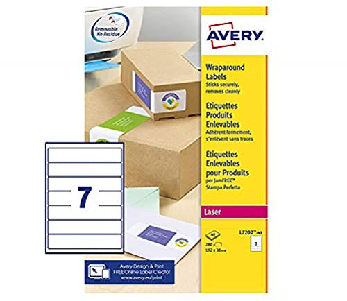 Avery L7202 Printable, customisable Wraparound Labels, Laser Printers, 7 Labels Per A4 Sheet, 280 Labels, White