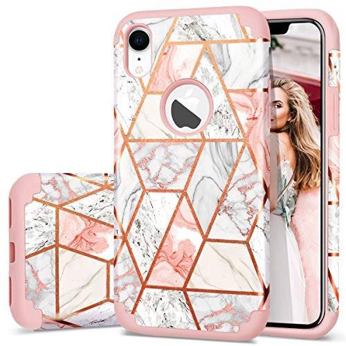 Fingic iPhone XR Case Rose Gold Marble Design 2 in 1 Hard PC & Soft Silicone Hybrid Shockproof Rugged Bumper Protective Phone Case for iPhone XR 6.1 inch (2018)