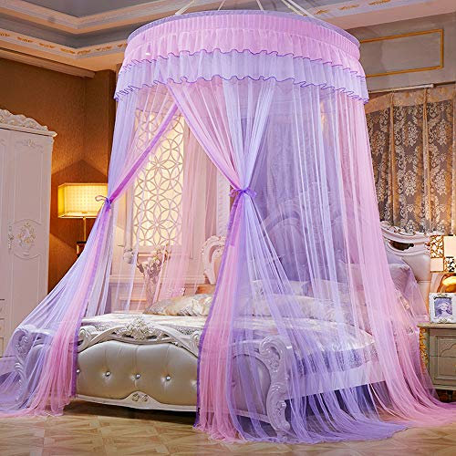 Mengersi Betthimmel Moskitonetz – Prinzessin elegante Spitze rund durchsichtige Netz-Bettvorhänge – Prinzessin Kuppel Bettwäsche Netz für Doppelbett Doppelbett Queen King Size (Rosa und Violett)