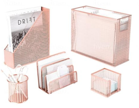 Blu Monaco 5-teiliges süßes Bürobedarfs-Set aus Roségold-Schreibtisch - mit Schreibtischtop-Organizer für hängende Dateien, Zeitschriftenhalter - Roségold-Schreibtischzubehör