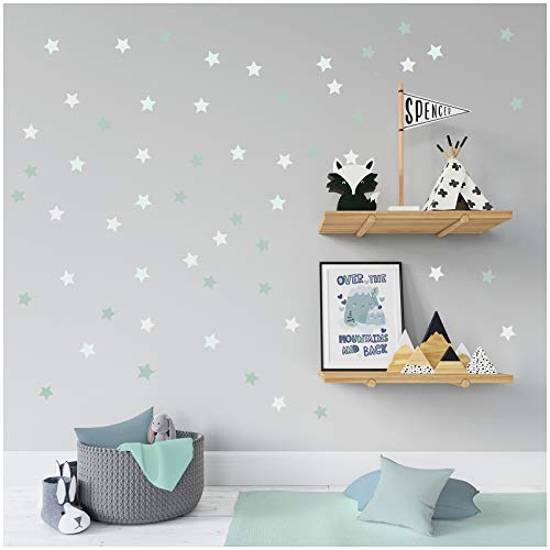 Yabaduu 56 Sterne Pastell Wandtattoo Set 3 Farben auf 3 Din A4 Bögen als Aufkleber Wandsticker Dekor für Kinderzimmer Babyzimmer Selbstklebend (Y045-2 Mint Grau Türkis)