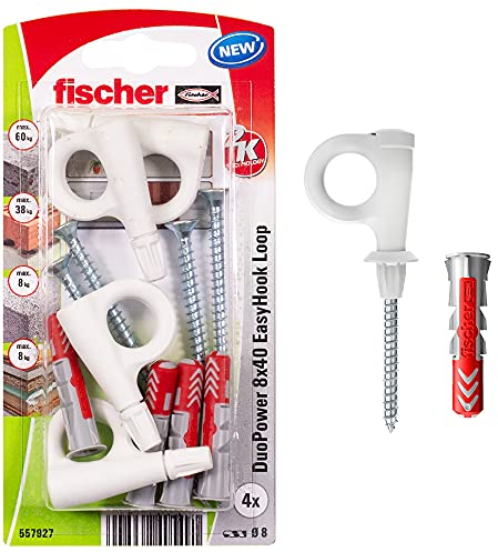 fischer EasyHook Loop K (4), Set aus 4 Ösenhaken-Schrauben und DuoPower 8 x 40 Dübeln, Spanplattenschrauben mit Haken, flexible Schraubhaken zur Montage in zahlreichen Baustoffen