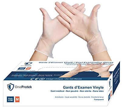 OneProtek Gants jetables en Vinyle - Lot de 4x Boîtes de 100 gants jetables Taille M - non poudrés, sans latex - Multi-usages et résistants Protection contre les risques chimiques