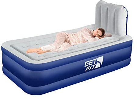 Get Fit Air Bed With Built In Electric Pump - Premium Single Airbed - Quick Blow Up Bed With Headboard & Free Inflatable Pillow - Elevated Inflatable Air Mattress For Outdoor, Camping - Navy/White