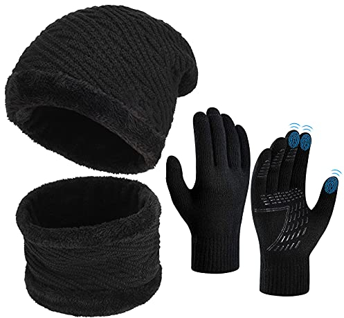 Wintermütze Schal Touchscreen Handschuhe Set - Unisex Beanie Strickmütze Winterschal Thermo Handschuhe | Fleecefutter Warme Knit Hut Loop Rutschfeste | für Herre Ski 3-in-1 Winter-Set