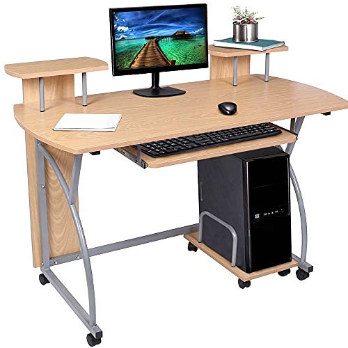 BAKAJI Bureau avec Double étagère pour Scanner, imprimante et Porte-Clavier, Amovible, Table de Travail, Porte-PC, Ordinateur en métal et Bois MDF, ameublement Maison, Bureau, Chambre (chêne)