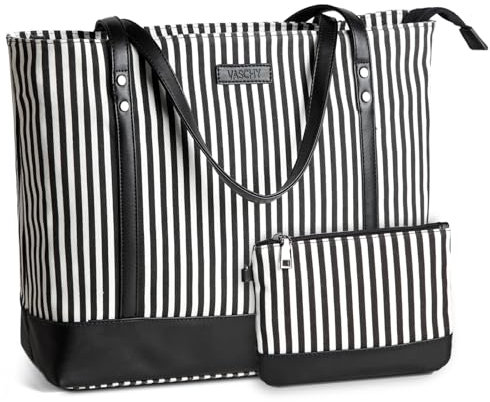 Laptop Bag for Women, Vaschy Water Resistant Tote Bag Fits 15.6-Inch Laptop Large Capacity Ladies Handbag with Multiple Pockets Teacher Work Shoulder Bag Suitable for Office School Travel(Black White)