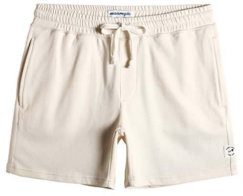Pantalones Cortos Hombre Deportivos Casuales Jogger Shorts de Deporte Pantalón Pijama Algodón Knit Cintura Elástica con Bolsillo 14cm,Lechoso,L