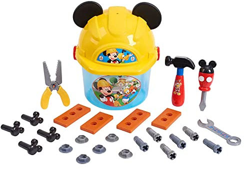 Just Play Disney Junior Mickey Mouse Spielset Werkzeugset Eimer und Schutzhelm Deckel mit Mickey Mouse Ohren, 25 Zubehörteilen, ab 3 Jahren